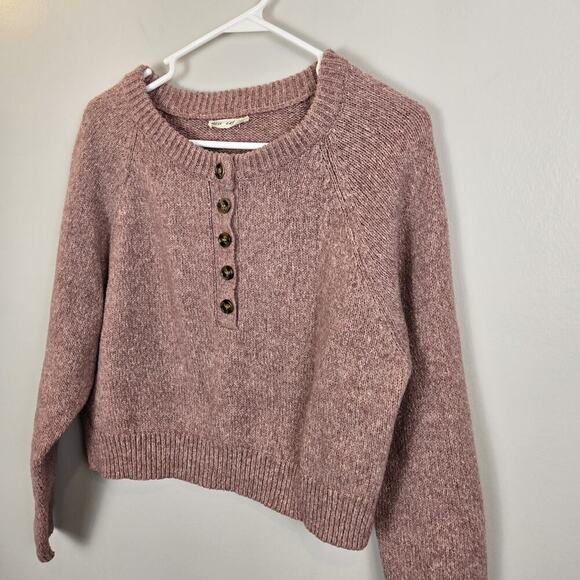 new in Sweaters - Button Henley Sweater Dusty Pink Poly Cotton Blend V-Neck SMALL Schoolgirl Crop